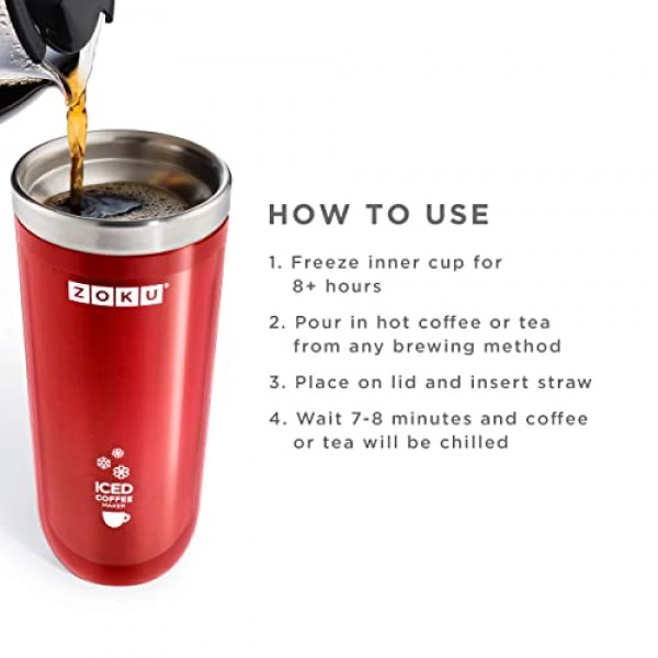 Zoku 인스턴트 아이스 커피 메이커, 희석하지 않고 몇 분 안에 뜨거운 음료를 식힐 수 있는 재사용 가능한 음료 냉각기, 유출 방지 뚜껑과 빨대가 있는 휴대용 11온스 텀