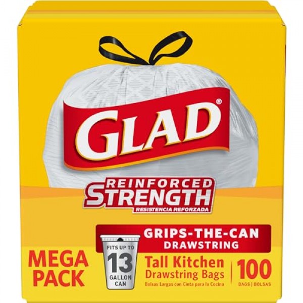 Glad Tall 주방 조임끈 쓰레기 봉투, 13갤런, 흰색, 무향, 100개(패키지는 다를 수 있음)