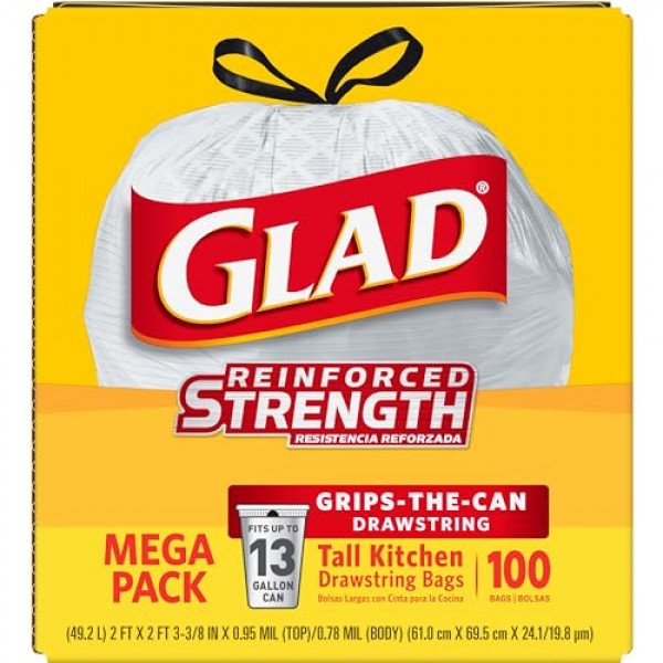 Glad Tall 주방 조임끈 쓰레기 봉투, 13갤런, 흰색, 무향, 100개(패키지는 다를 수 있음)