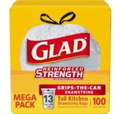 Glad Tall 주방 조임끈 쓰레기 봉투, 13갤런, 흰색, 무향, 100개(패키지는 다를 수 있음)