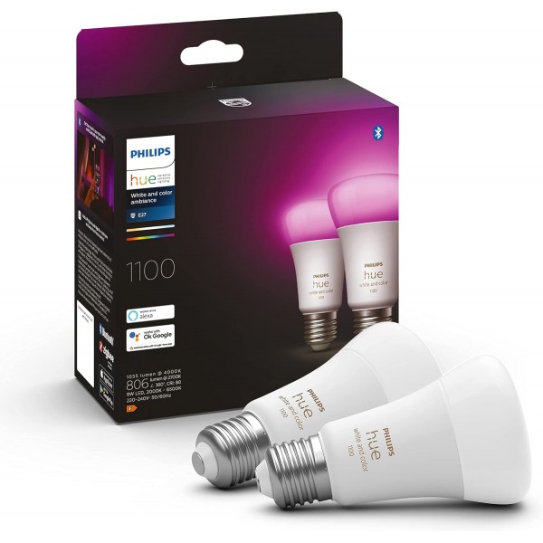 Philips Hue White & Col. Amb. E27 더블 팩 2x800lm 75W + 무선 디밍 스위치, 설치 없이 편안한 디밍