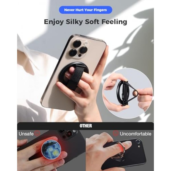 핑거 스트랩이 있는 MagSafe 휴대폰 그립용 SUPERONE 2024 업그레이드, 킥스탠드 핑거 루프가 있는 탈착식 MagSafe 링 홀더, iPhone 15/14/13/12 시리즈용 MagSafe 액세서리, 블랙