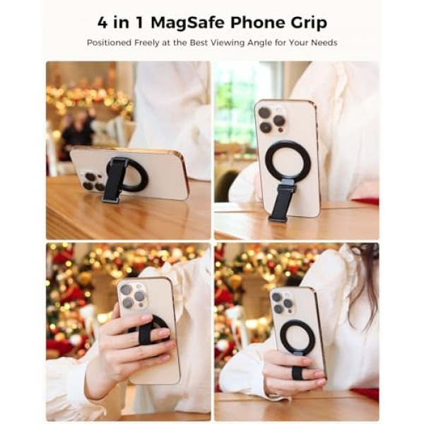 핑거 스트랩이 있는 MagSafe 휴대폰 그립용 SUPERONE 2024 업그레이드, 킥스탠드 핑거 루프가 있는 탈착식 MagSafe 링 홀더, iPhone 15/14/13/12 시리즈용 MagSafe 액세서리, 블랙