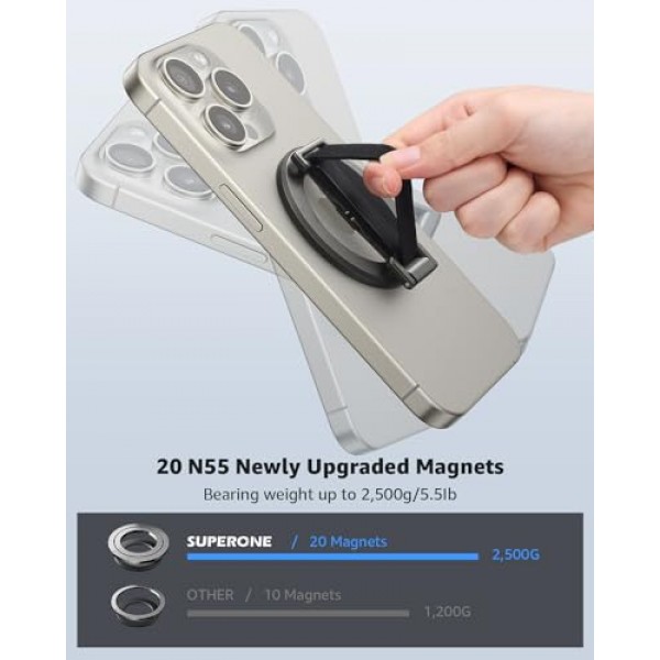 핑거 스트랩이 있는 MagSafe 휴대폰 그립용 SUPERONE 2024 업그레이드, 킥스탠드 핑거 루프가 있는 탈착식 MagSafe 링 홀더, iPhone 15/14/13/12 시리즈용 MagSafe 액세서리, 블랙