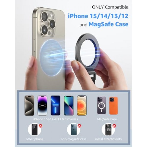 핑거 스트랩이 있는 MagSafe 휴대폰 그립용 SUPERONE 2024 업그레이드, 킥스탠드 핑거 루프가 있는 탈착식 MagSafe 링 홀더, iPhone 15/14/13/12 시리즈용 MagSafe 액세서리, 블랙
