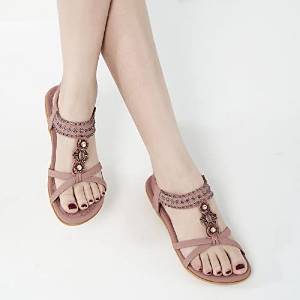 Alicegana 여성 샌들 신발 캐주얼 여름 해변 신발 드레스 발목 탄성 보석 보헤미안 플랫에 미끄럼 방지가 있는 컴포트 워킹