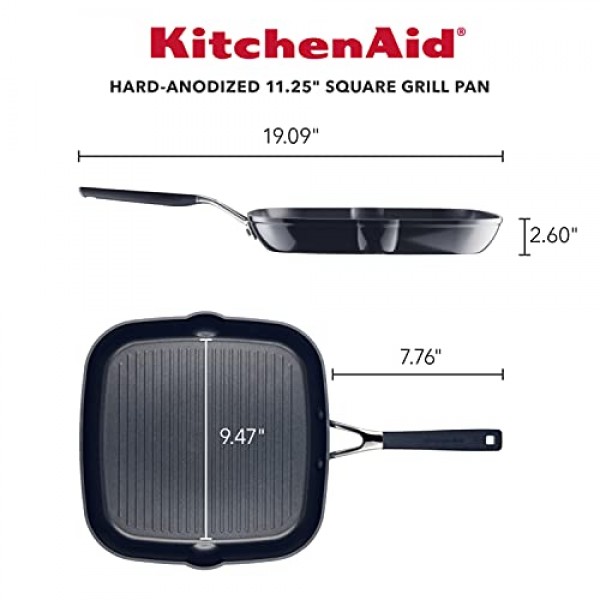 KitchenAid 경질 양극산화 논스틱 사각 그릴 팬/그리들(푸어 스파우트 포함), 11.25인치, 오닉스 블랙