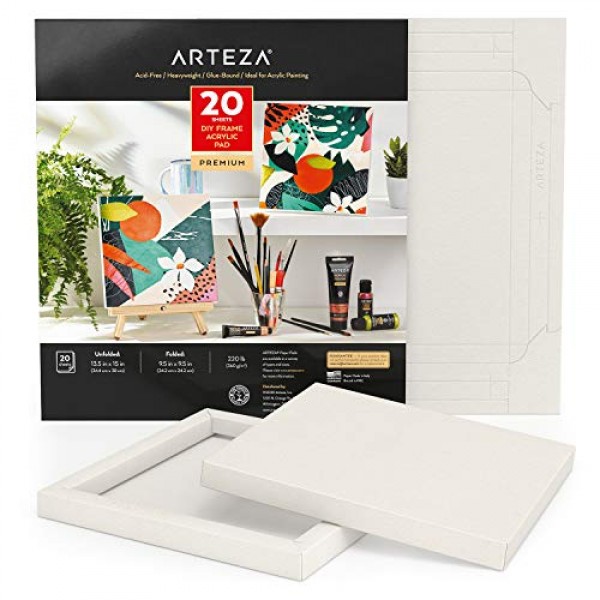 Arteza 아크릴 종이 접이식 캔버스 패드, 9.5x9.5 인치, 20 시트, DIY 프레임, 중량 아크릴 페인트 종이, 220 lb, 360 GSM, 무산소, 회화 및 혼합 미디어 아트용 미술 용품