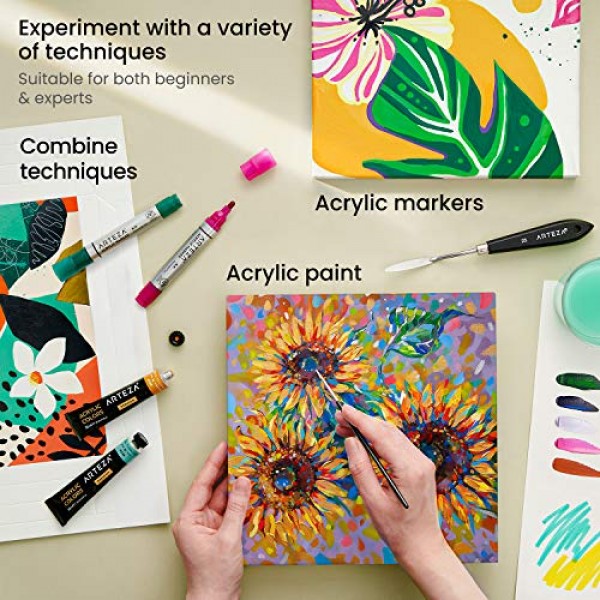 Arteza 아크릴 종이 접이식 캔버스 패드, 9.5x9.5 인치, 20 시트, DIY 프레임, 중량 아크릴 페인트 종이, 220 lb, 360 GSM, 무산소, 회화 및 혼합 미디어 아트용 미술 용품