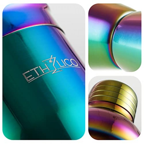 ETHYLICO 칵테일 셰이커 키트 | Barware 도구 세트 | 천연 대나무 스탠드가 포함된 전문가용 15피스 바텐더 키트 - 55가지 칵테일 레시피 북 포함 - 레인보우