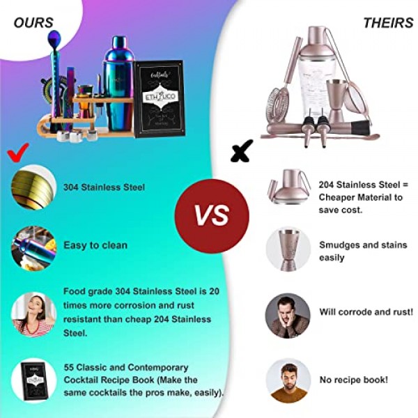 ETHYLICO 칵테일 셰이커 키트 | Barware 도구 세트 | 천연 대나무 스탠드가 포함된 전문가용 15피스 바텐더 키트 - 55가지 칵테일 레시피 북 포함 - 레인보우