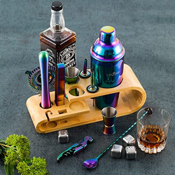 ETHYLICO 칵테일 셰이커 키트 | Barware 도구 세트 | 천연 대나무 스탠드가 포함된 전문가용 15피스 바텐더 키트 - 55가지 칵테일 레시피 북 포함 - 레인보우