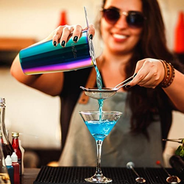 ETHYLICO 칵테일 셰이커 키트 | Barware 도구 세트 | 천연 대나무 스탠드가 포함된 전문가용 15피스 바텐더 키트 - 55가지 칵테일 레시피 북 포함 - 레인보우