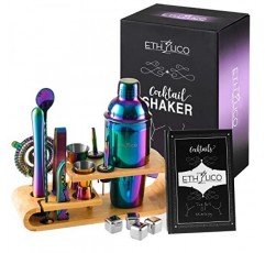 ETHYLICO 칵테일 셰이커 키트 | Barware 도구 세트 | 천연 대나무 스탠드가 포함된 전문가용 15피스 바텐더 키트 - 55가지 칵테일 레시피 북 포함 - 레인보우