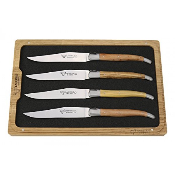 Laguiole en Aubrac 럭셔리 완전 단조 풀 탱 스테인레스 스틸 스테이크 나이프 4피스 세트, 혼합 프렌치 우드 손잡이, 스테인레스 스틸 브러시드 볼스터