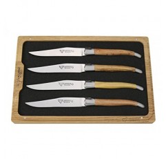 Laguiole en Aubrac 럭셔리 완전 단조 풀 탱 스테인레스 스틸 스테이크 나이프 4피스 세트, 혼합 프렌치 우드 손잡이, 스테인레스 스틸 브러시드 볼스터