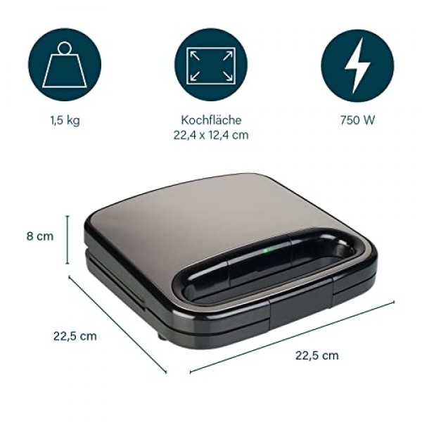 Princess Supreme 127005 샌드위치 메이커 - 붙지 않는 그릴 플레이트 - 출력 750W, 01.127005.01.001, 검정색