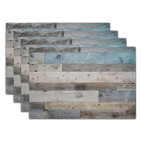 Giwawa 소박한 나뭇결 플레이스 매트 4개 세트, 빈티지 헛간 나무 리넨 테이블 매트, 농가 컨트리 스타일 롯지 식사용 내열성 세탁 가능 장소 매트 주방 파티 휴일 장식 1