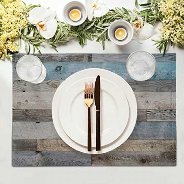 Giwawa 소박한 나뭇결 플레이스 매트 4개 세트, 빈티지 헛간 나무 리넨 테이블 매트, 농가 컨트리 스타일 롯지 식사용 내열성 세탁 가능 장소 매트 주방 파티 휴일 장식 1