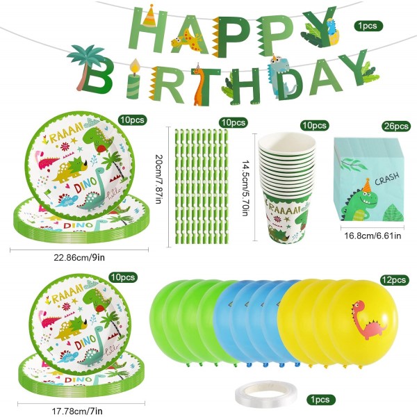 CAINCAY 공룡 생일 파티 세트, 77 조각 공룡 생일 파티 용품 세트, 공룡 파티 배너가있는 공룡 식기 세트, 접시 컵, 냅킨, 풍선 16 명
