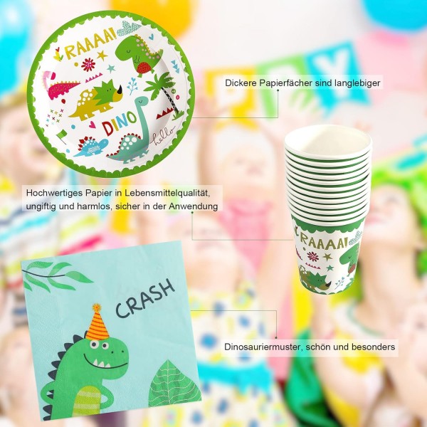 CAINCAY 공룡 생일 파티 세트, 77 조각 공룡 생일 파티 용품 세트, 공룡 파티 배너가있는 공룡 식기 세트, 접시 컵, 냅킨, 풍선 16 명