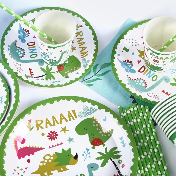 CAINCAY 공룡 생일 파티 세트, 77 조각 공룡 생일 파티 용품 세트, 공룡 파티 배너가있는 공룡 식기 세트, 접시 컵, 냅킨, 풍선 16 명