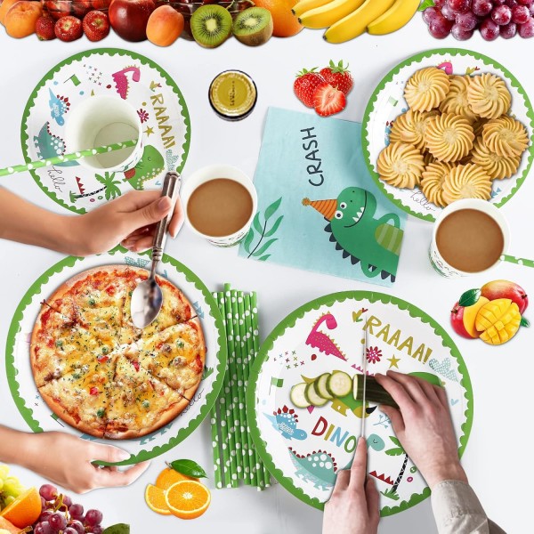 CAINCAY 공룡 생일 파티 세트, 77 조각 공룡 생일 파티 용품 세트, 공룡 파티 배너가있는 공룡 식기 세트, 접시 컵, 냅킨, 풍선 16 명