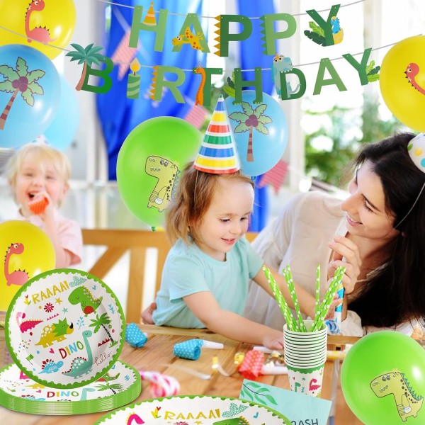 CAINCAY 공룡 생일 파티 세트, 77 조각 공룡 생일 파티 용품 세트, 공룡 파티 배너가있는 공룡 식기 세트, 접시 컵, 냅킨, 풍선 16 명