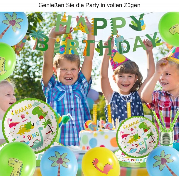 CAINCAY 공룡 생일 파티 세트, 77 조각 공룡 생일 파티 용품 세트, 공룡 파티 배너가있는 공룡 식기 세트, 접시 컵, 냅킨, 풍선 16 명