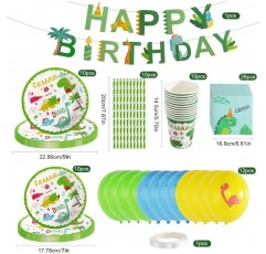 CAINCAY 공룡 생일 파티 세트, 77 조각 공룡 생일 파티 용품 세트, 공룡 파티 배너가있는 공룡 식기 세트, 접시 컵, 냅킨, 풍선 16 명