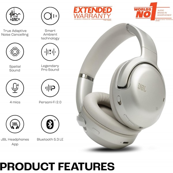 JBL Tour One M2 - 무선 오버이어 헤드폰 - 샴페인 색상의 적응형 소음 제거 기능이 있는 Bluetooth 헤드폰 - 단 한 번의 배터리 충전으로 최대 40시간 재생