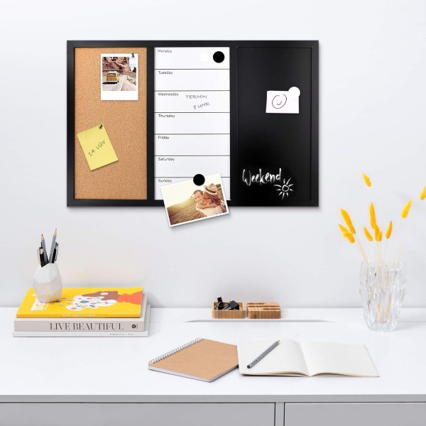 Navaris 3in1 조합 보드 60x40cm - 초크 보드 화이트보드 코르크 핀 보드 - 메모 보드 자기 페이지 주간 계획 포함 초크 핀 자석 60x40cm 주간 플래너 - 칠판 핀보드