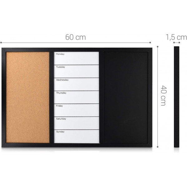 Navaris 3in1 조합 보드 60x40cm - 초크 보드 화이트보드 코르크 핀 보드 - 메모 보드 자기 페이지 주간 계획 포함 초크 핀 자석 60x40cm 주간 플래너 - 칠판 핀보드