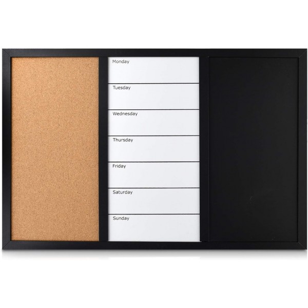 Navaris 3in1 조합 보드 60x40cm - 초크 보드 화이트보드 코르크 핀 보드 - 메모 보드 자기 페이지 주간 계획 포함 초크 핀 자석 60x40cm 주간 플래너 - 칠판 핀보드