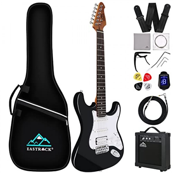 EASTROCK 일렉트릭 기타 39인치 풀 초보자 스타터 키트 풀 사이즈, 10w 앰프 포함, 모든 액세서리, 튜너, 현, 픽, 트레몰로 바, 스트랩 및 케이스 백(39 오른손잡이용, 블랙) 