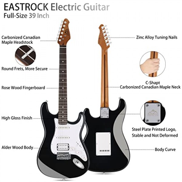 EASTROCK 일렉트릭 기타 39인치 풀 초보자 스타터 키트 풀 사이즈, 10w 앰프 포함, 모든 액세서리, 튜너, 현, 픽, 트레몰로 바, 스트랩 및 케이스 백(39 오른손잡이용, 블랙) 