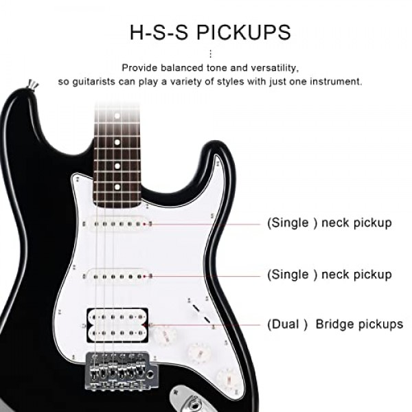 EASTROCK 일렉트릭 기타 39인치 풀 초보자 스타터 키트 풀 사이즈, 10w 앰프 포함, 모든 액세서리, 튜너, 현, 픽, 트레몰로 바, 스트랩 및 케이스 백(39 오른손잡이용, 블랙) 