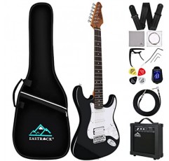 EASTROCK 일렉트릭 기타 39인치 풀 초보자 스타터 키트 풀 사이즈, 10w 앰프 포함, 모든 액세서리, 튜너, 현, 픽, 트레몰로 바, 스트랩 및 케이스 백(39 오른손잡이용, 블랙) 