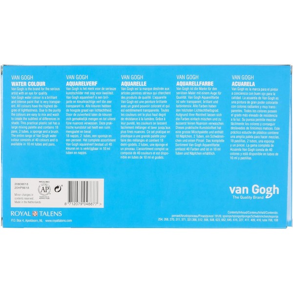 Royal Talens Van Gogh 수채화, 피스, 18 + 2 General (비닐 봉투), La moitié Pan + 10ml Tube