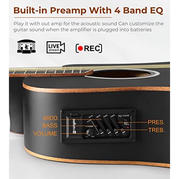 초보자를 위한 Vangoa 일렉트릭 어쿠스틱 기타 키트 성인용 풀 사이즈 장면 전환 어쿠스틱 기타 번들 세트(픽업 내장 포함) 백 튜너 스트랩 카포 픽 케이블, 매트 블랙