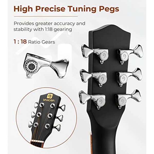 초보자를 위한 Vangoa 일렉트릭 어쿠스틱 기타 키트 성인용 풀 사이즈 장면 전환 어쿠스틱 기타 번들 세트(픽업 내장 포함) 백 튜너 스트랩 카포 픽 케이블, 매트 블랙