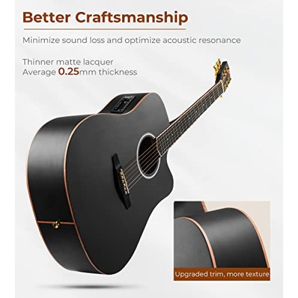 초보자를 위한 Vangoa 일렉트릭 어쿠스틱 기타 키트 성인용 풀 사이즈 장면 전환 어쿠스틱 기타 번들 세트(픽업 내장 포함) 백 튜너 스트랩 카포 픽 케이블, 매트 블랙