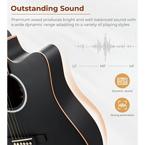 초보자를 위한 Vangoa 일렉트릭 어쿠스틱 기타 키트 성인용 풀 사이즈 장면 전환 어쿠스틱 기타 번들 세트(픽업 내장 포함) 백 튜너 스트랩 카포 픽 케이블, 매트 블랙