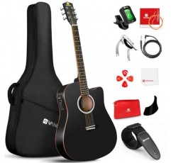 초보자를 위한 Vangoa 일렉트릭 어쿠스틱 기타 키트 성인용 풀 사이즈 장면 전환 어쿠스틱 기타 번들 세트(픽업 내장 포함) 백 튜너 스트랩 카포 픽 케이블, 매트 블랙