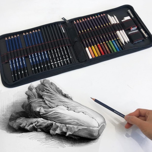 tvfly 수채화 크레용, 흑연 및 목탄 연필 및 액세서리가 포함된 41피스 연필 드로잉 세트, 초보자, 아티스트, 학생, 성인을 위한 최고의 드로잉 41피스(1팩)