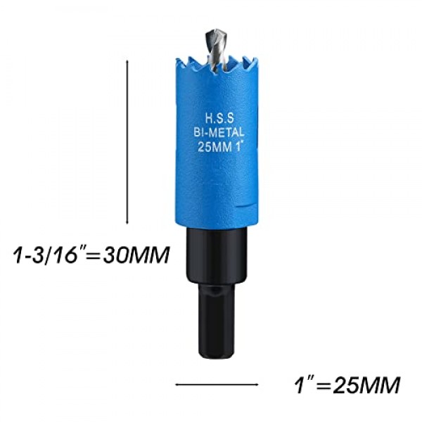 1인치 구멍 톱, 목재 플라스틱 건식 벽체 섬유판 및 연질 금속 시트용 육각 생크 드릴 비트 어댑터가 있는 25mm HSS 이중 금속 구멍 커터, 파란색