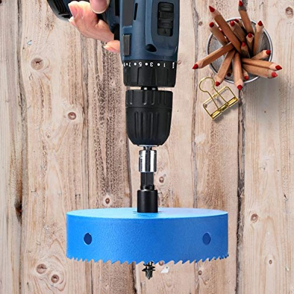 1인치 구멍 톱, 목재 플라스틱 건식 벽체 섬유판 및 연질 금속 시트용 육각 생크 드릴 비트 어댑터가 있는 25mm HSS 이중 금속 구멍 커터, 파란색