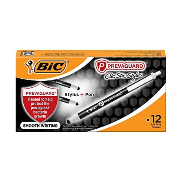BIC PrevaGuard Clic Stic 볼펜 및 스타일러스, 박테리아 성장을 억제하는 보호 기능 내장, 중간 포인트(1.0mm), 검정색, 12개