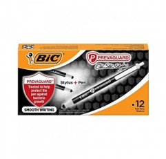 BIC PrevaGuard Clic Stic 볼펜 및 스타일러스, 박테리아 성장을 억제하는 보호 기능 내장, 중간 포인트(1.0mm), 검정색, 12개