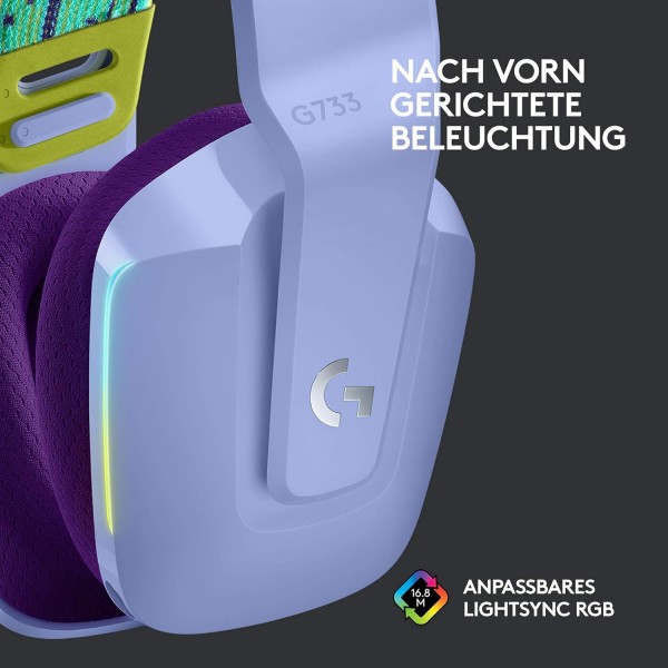 Logitech G733 LIGHTSPEED 오버헤드 무선 게임용 헤드셋, LIGHTSYNC RGB, 파란색 VO!CE 마이크 기술, PRO G 스피커, 초경량, 29시간 배터리 수명, 20m 범위 - 퍼플 퍼플 G733